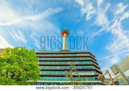 Kyoto, Japan - April 27, 2017: Kyoto Tower Hotel Building With Observation Deck Over The Top And The