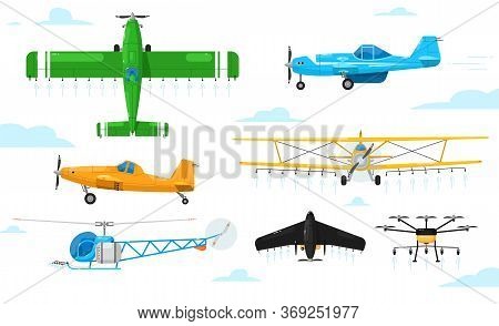 Agricultural Aviation. Crop Duster Aircrafts Spraying Chemicals Set. Airplane, Biplane, Monoplane, H