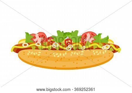 Hot Dog Isolated On White Background. Hotdog With Sausage, Vegetable And Mustard. Hotdog, Delicious 