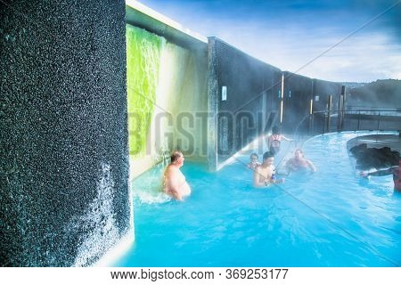 Grindavik, Iceland-Feb 24,2020: Aerial view of The Blue Lagoon, a geothermal bath resort and one of the most visited places in the south of Iceland. Grindavik, Iceland.