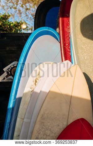 Set Of Colorful Surfboard For Rent On The Beach. Multicolored Surf Boards Different Sizes And Colors