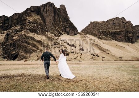 Wedding Couple On The Background Of A Rocky Mountain And Grazing Horses In Iceland. The Bride And Gr