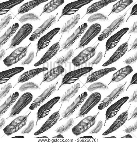 Freehand Drawing Quill Of Fethers Birds. Tribal Seamless Pattern. Isolated On White Background In Gr
