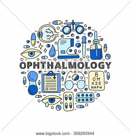 Doodle Colored Ophthalmology Icons Including Runny Eye, Pipette Bottle, Cornea, Blank Clipboard, Len