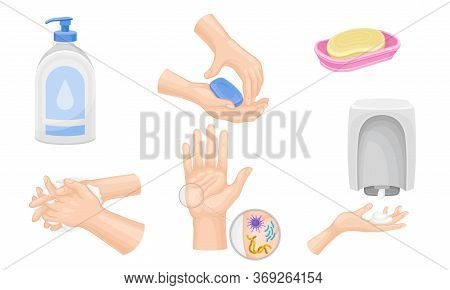 Hand Washing And Cleansing Using Bar Of Soap And Soap Dispenser Vector Illustrations Set