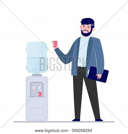 Man Drinking Water At Cooler. Office Employee, Worker, Work Break Flat Vector Illustration. Beverage