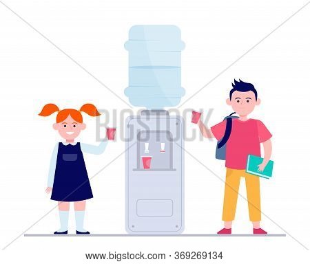 Happy Children Drinking Water At Cooler. Students, Boy And Girl, School Hallway Flat Vector Illustra