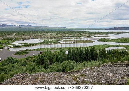 Landscape With Oxara River And Thingvallavatn Lake In Thingvellir, Iceland, Europe In Overcast Weath