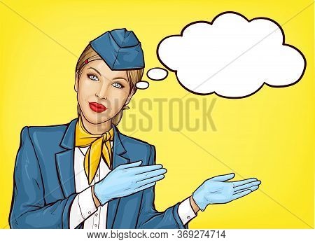 Pop Art Stewardess, Flight Attendant, Air Hostess Girl In Blue Uniform With Cap, Handkerchief On Nec