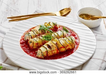 Low-carb Zucchini Lasagna Rolls Stuffed With Ricotta Mix Of Fresh Baby Spinach,  Basil Baked In Toma