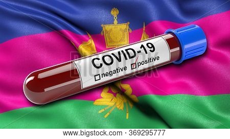 Flag of Krasnodar Krai waving in the wind with a positive Covid-19 blood test tube. 3D illustration concept for blood testing for diagnosis of the new Corona virus.