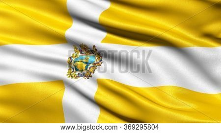Flag of Stavropol Krai waving in the wind. 3D illustration.