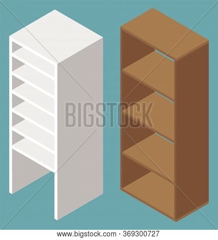 Bookshelf Set, 3d View Of Furniture For House Or Workplace, Element Of Interior. Empty Shelf, Moving