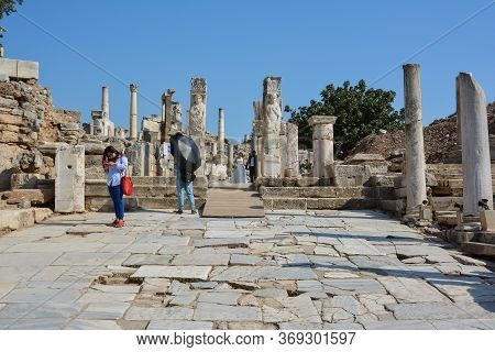 Ephesus, Turkey - August 16, 2017: Curetes Street In Ephesus Ancient City, Selcuk, Turkey. Hercules 