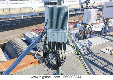 Russia, Saint-petersburg - April 30, 2018: Outdoor Remote Radio Unit Rru And Cables Of Base Transcei