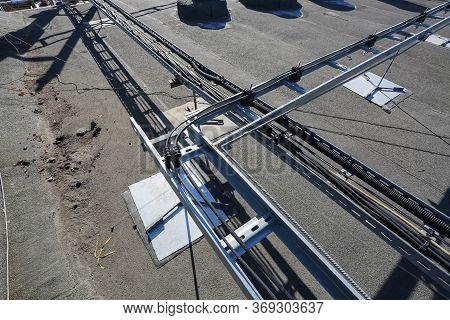 Russia, Saint-petersburg - April 30, 2018: Metal Ladder Trays With Power, Data, Optic And Ground Cab