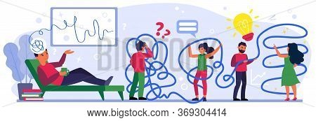 Tangled People Searching For Decision. Man Lying On Coach And Talking His Ideas Flat Vector Illustra