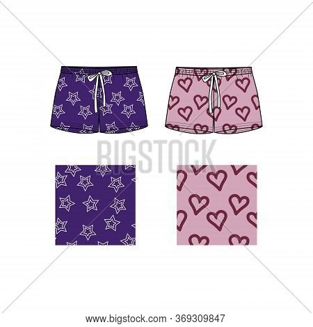 Technical Sketch Of Shorts With Print Pattern. Front Part. Fashion Sketch Of Printed Pants. Prints W
