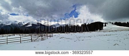 Panoramic Landscape In The Mountains. Winter Landscape.