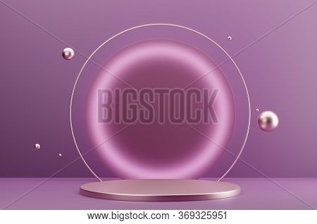 Rose Gold Podium For Cosmetics With Pastel Melallic Frame And Spheres. Front View. 3d Rendering.