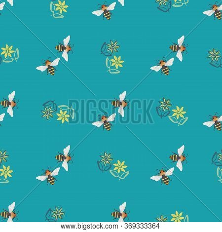 Honey Bee And Flowers Vector Seamless Pattern Background. Hand Drawn Striped Insect And Florals Blue