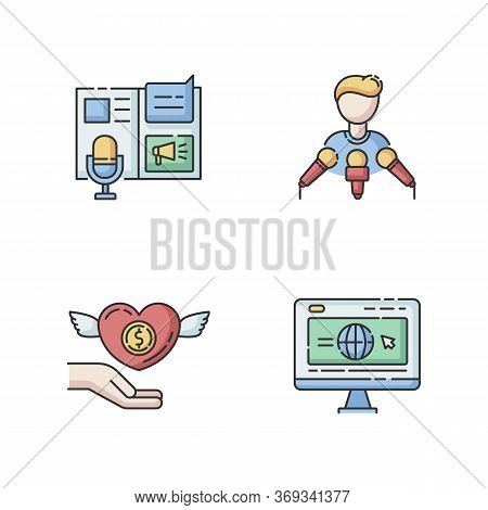Public Relation Rgb Color Icons Set. Advertorial Press Release. Spokesperson With Microphones. Broad