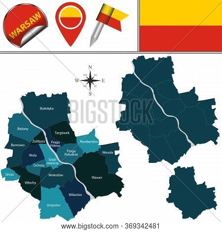 Vector Map Of Warsaw, Poland With Named Districts And Travel Icons