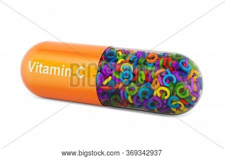 Vitamin C Capsule, Ascorbic Acid. 3d Rendering Isolated On White Background