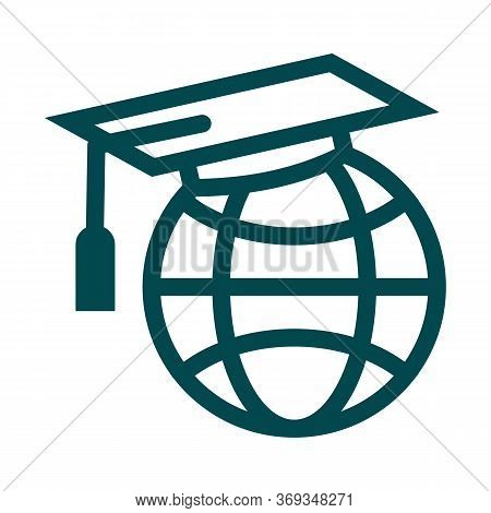 Graduate Cap On Globe. World Knowledge Concept Icon. Symbol Of Worldwide Learning, Online Education 
