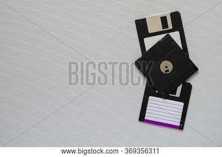 3.5 Inch Magnetic Floppy Disks. Three Floppy Disks With A Capacity Of 1.44 Mb. Obsolete Digital Data