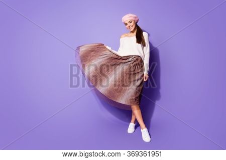 Full Body Photo Of Content Nice Lady Girl Enjoy Free Time Hold Long Midi Skirt Wear White Good Look 