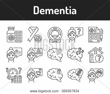 Brain Disease Dementia Line Black Icons Set. Decline In Memory. Decrease In Mental Human Abilities. 