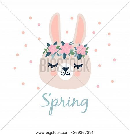 Grey Bunny Head With Closed Eyes And A Wreath Of Flowers. Cute Cartoon Funny Character. Scandinavian