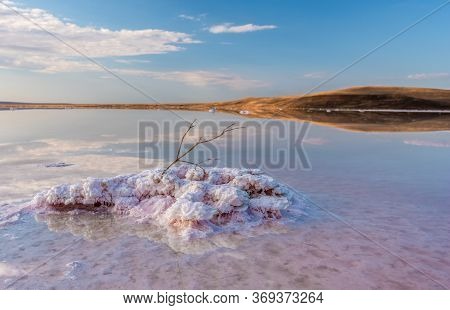Brine And Salt Of A Pink Lake Koyash Colored By Microalgae Dunaliella Salina, Famous For Its Antioxi