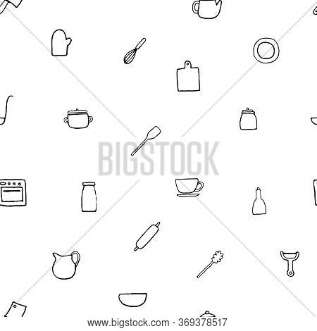 Vector Seamless Pattern Of Hand Drawn Kitchen Stuff.