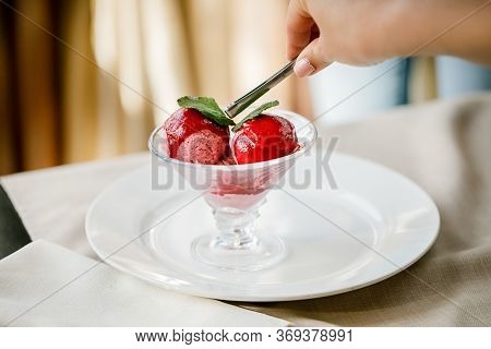 Raspberry Sorbet In Glass Serving Dishes And Peppermint Leaf Inside Transparent Glass. Ice Cream In 