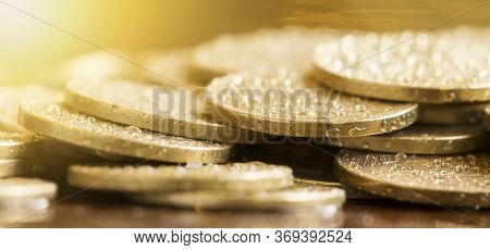 Gold Money Coins, Coronavirus Financial Stimulus, Aid Package Symbol, Help Concept, Banner.