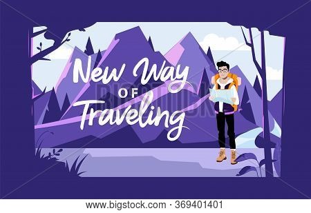 Weekend Adventure, Hiking And Camping Concept. Male Character Tourist With Backpack Looking At Map A