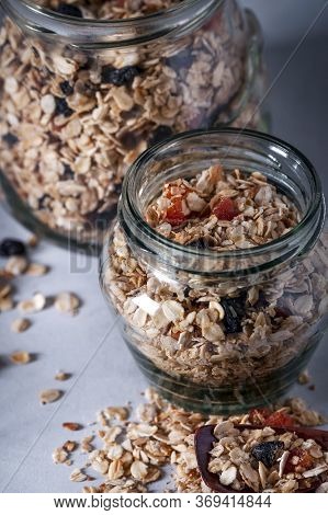 Homemade Granola With Raisins, Dried Apricots And Nuts.
Granola With Raisins, Dried Apricots, Nuts, 
