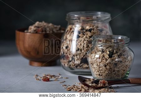 Homemade Granola With Raisins, Dried Apricots And Nuts.
Granola With Raisins, Dried Apricots, Nuts, 