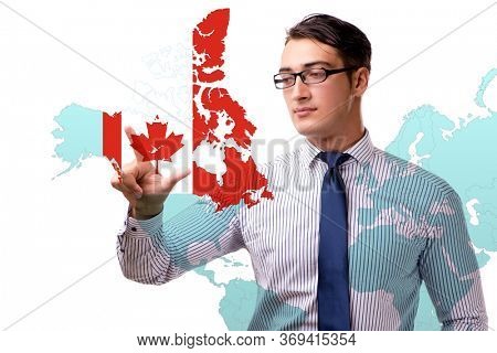 Concept of immigration to Canada with virtual button pressing