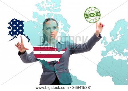Concept of immigration to USA with virtual button pressing