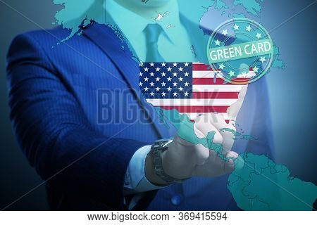 Concept of immigration to USA with virtual button pressing