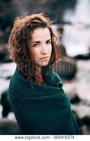 A Girl In A Red Dress Near Ehsaraurfoss Falls, Ehsarau River, National Park, Tingwedlir, Sudurland R