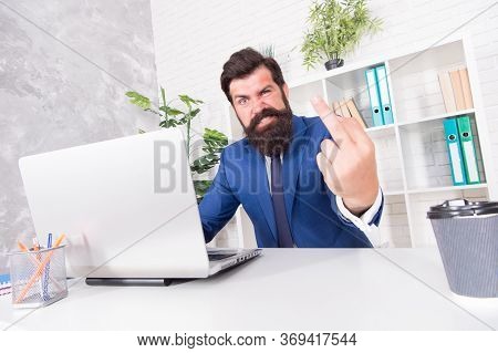 Fuckoff Oclock. Businessman Show Middle Finger Working In Office. Obscene Hand Gesture. Nonverbal Co