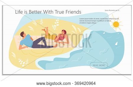Landing Web Page Template With Couple In Love Or Friends At Picnic. Young Smiling Man And Woman Are 