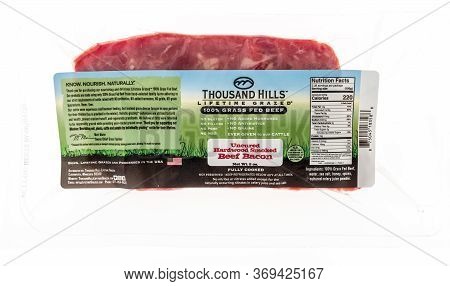 Winneconne,  Wi - 2 June 2020: A Package Of Thousand Hills Uncured Hardwood Smoked Beef Bacon On An 