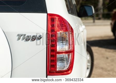 Novosibirsk/ Russia - May 03, 2020: Nissan Terrano, White Car Taillight. Exterior Detail. Close Up D