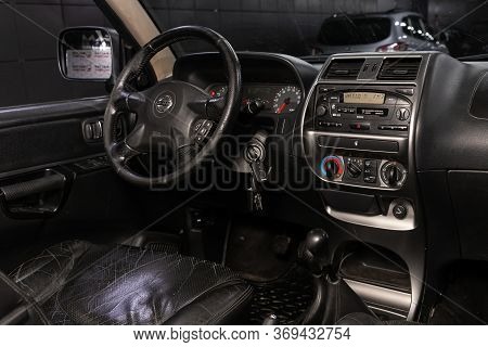 Novosibirsk/ Russia - March 31, 2020: Nissan Terrano,dark Car Interior - Steering Wheel, Shift Lever