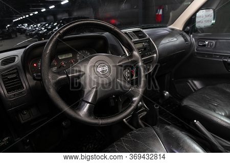 Novosibirsk/ Russia - March 31, 2020: Nissan Terrano,dark Car Interior - Steering Wheel, Shift Lever